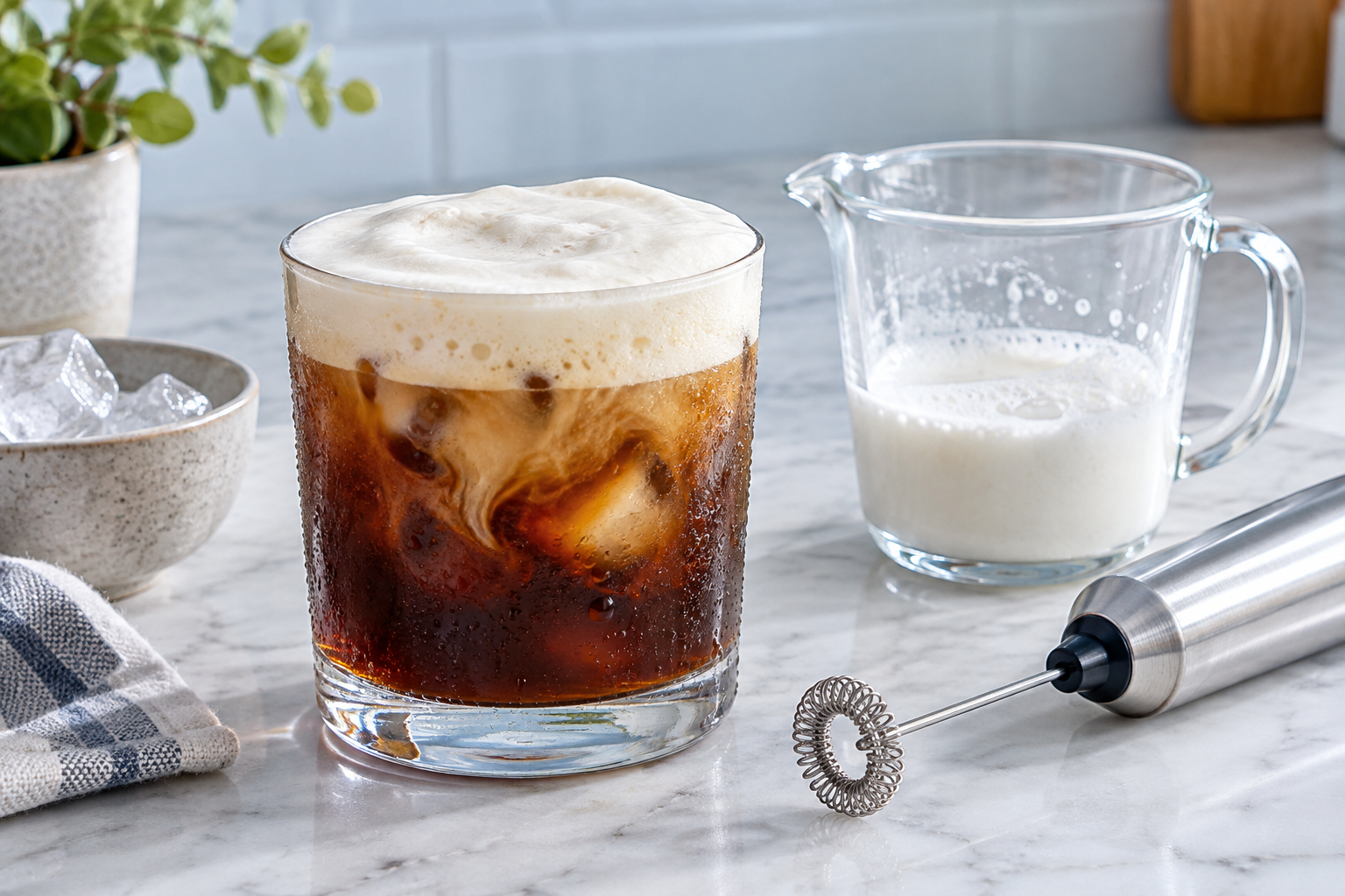 Cold foam prepared with home frothing equipment and iced coffee
